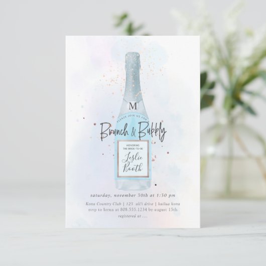 PixDezines Watercolor Blue Champagne Brunch Bubbly Einladung (Stehend Vorderseite)