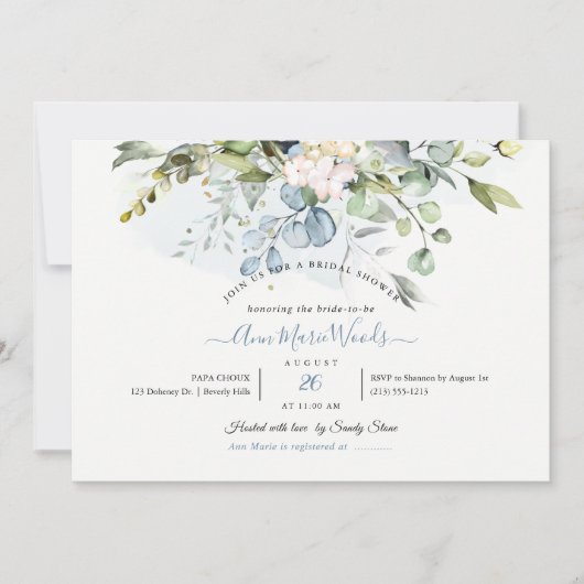 PixDezines Watercolor Blue Gum Eucalyptus Bridal Einladung (Vorderseite)
