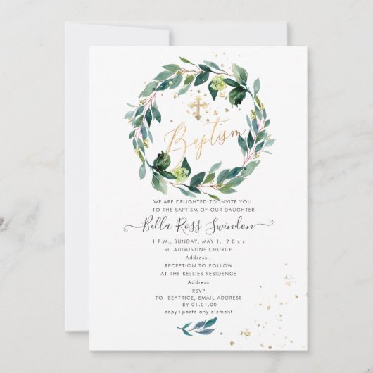 PixDezines Watercolor Blue Gum Greenerity Taufe Einladung (Vorderseite)