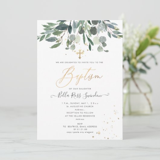 PixDezines Watercolor Blue Gum Greenerity Taufe Einladung (Stehend Vorderseite)