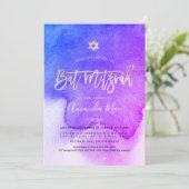 PixDezines Watercolor Blue+Pink Bat Mitzvah Einladung (Stehend Vorderseite)