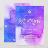 PixDezines Watercolor Blue+Pink Bat Mitzvah Einladung (Vorne/Hinten)