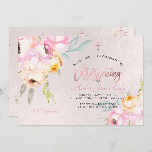 PixDezines Watercolor Blume Peonies Christening Einladung (Vorne/Hinten)