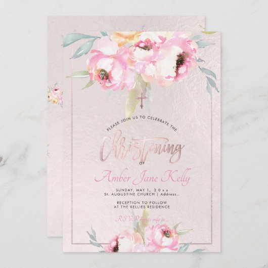 PixDezines Watercolor Blume Peonies Christening Einladung (Vorne/Hinten)