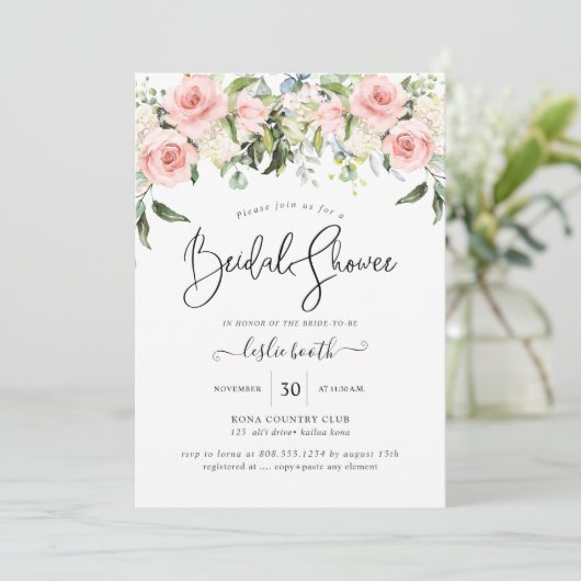 PixDezines Watercolor Blush Rose Brautparty Einladung (Stehend Vorderseite)