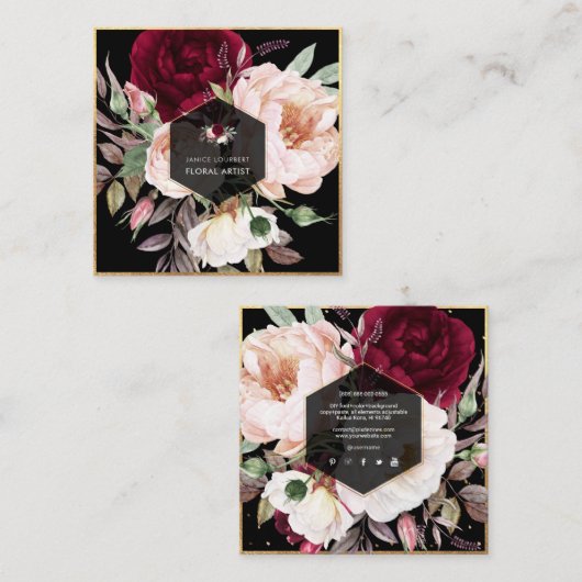 PixDezines Watercolor Burgundy Peonies Quadratische Visitenkarte (Vorne/Hinten)