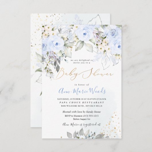 PixDezines Watercolor Dusty Blue Rose Babydusche Einladung (Vorne/Hinten)