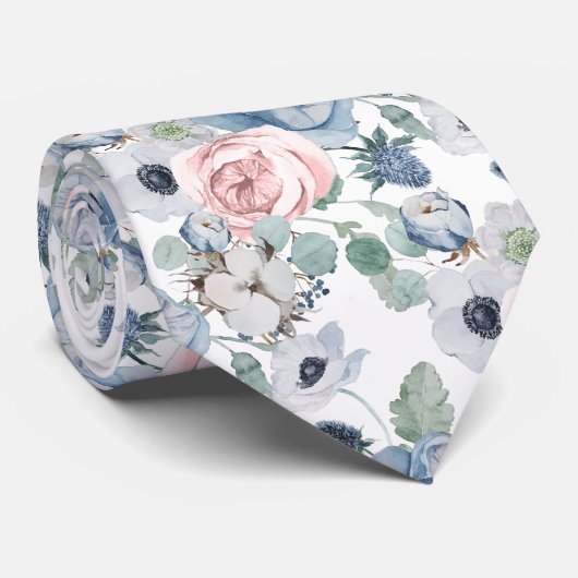 PixDezines Watercolor Dusty Blue Rose Peonies Krawatte (Gerollt)