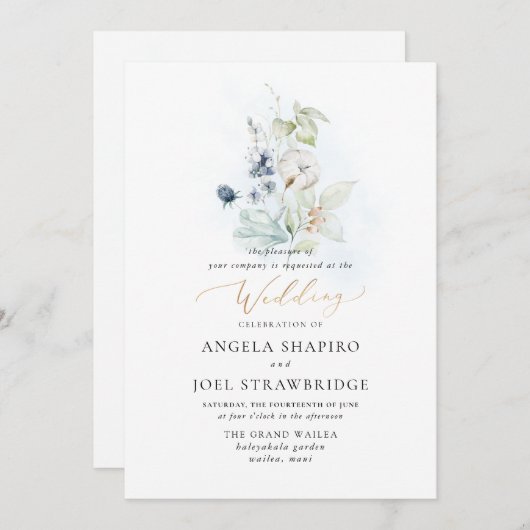 PixDezines Watercolor Dusty Blue Winter Cotton Einladung (Vorne/Hinten)