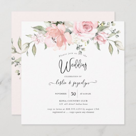 PixDezines Watercolor Dusty Rose Hochzeit Einladung (Vorne/Hinten)