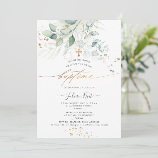 PixDezines Watercolor Eucalyptus Baptême Einladung (Stehend Vorderseite)