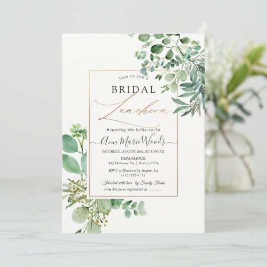 PixDezines Watercolor Eukalyptus Bridal Luncheon Einladung (Stehend Vorderseite)