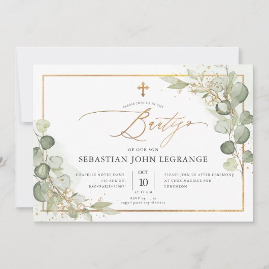 PixDezines Watercolor Gum Eucalyptus Bautizo Einladung (Vorderseite)