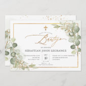 PixDezines Watercolor Gum Eucalyptus Bautizo Einladung (Vorne/Hinten)