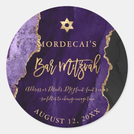 PixDezines Watercolor Lila Agate Bar Mitzvah Runder Aufkleber (Vorderseite)