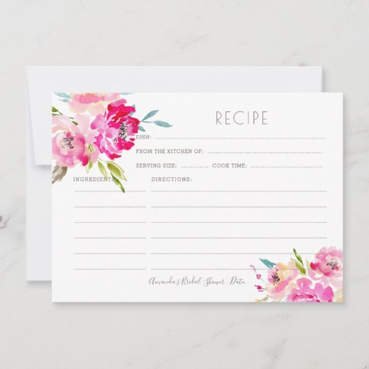 PixDezines Watercolor Peonies Rezept Karte (Vorderseite)