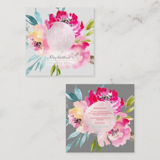 PixDezines Watercolor Pink Peonies Quadratische Visitenkarte (Vorne/Hinten)