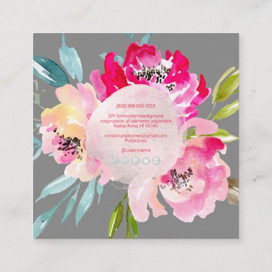 PixDezines Watercolor Pink Peonies Quadratische Visitenkarte (Rückseite)