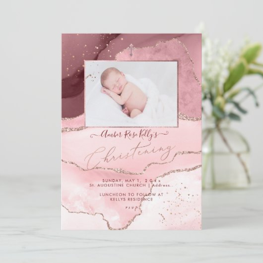 PixDezines Watercolor Rose Gold Agate Christening Einladung (Stehend Vorderseite)