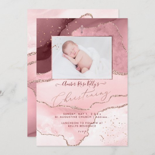 PixDezines Watercolor Rose Gold Agate Christening Einladung (Vorne/Hinten)