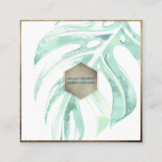 PixDezines WATERCOLOR SEAFOAM MONSTERA, GREENERY Quadratische Visitenkarte (Vorderseite)