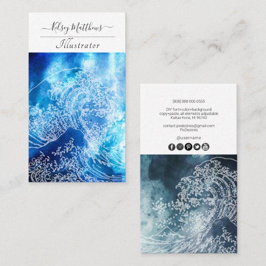 PixDezines Watercolor The Great Wave, Hokusai Visitenkarte (Vorne/Hinten)