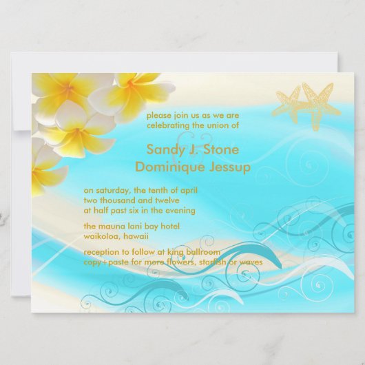 PixDezines Waves, Plumeria Lei+starfish+strand Einladung (Rückseite)