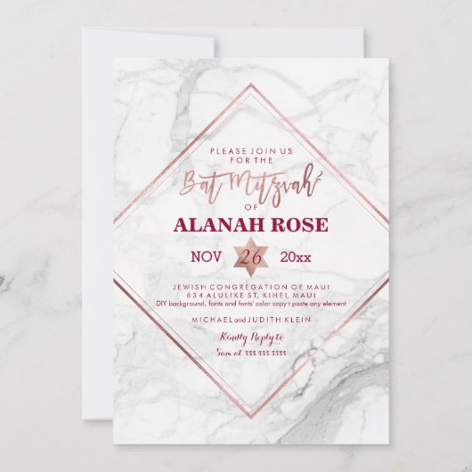 PixDezines Weißer Marmor Bat Mitzvah/Rose Gold Einladung (Rückseite)