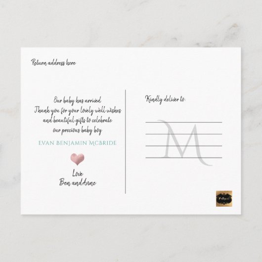 PixDezines Welcome Baby Boy, Imitats Foil Script Ankündigungspostkarte (Rückseite)