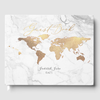 PixDezines Weltkarte, Faux Gold + Marmor Gästebuch