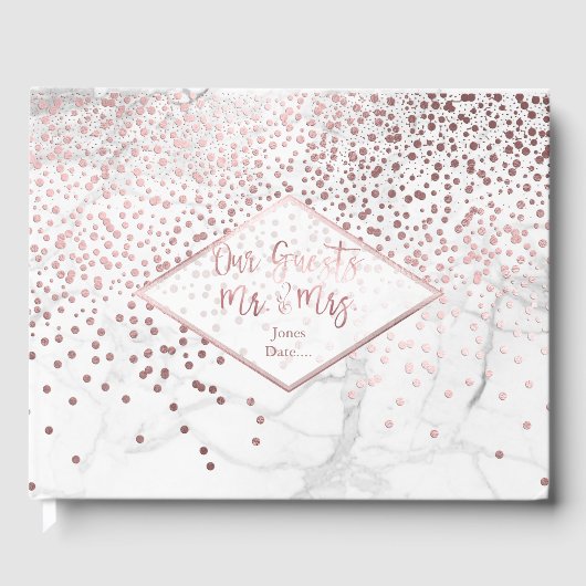 PixDezines WHITE MARBLE+IMITATS ROSE GOLD CONFETTI Gästebuch (Vorderseite)