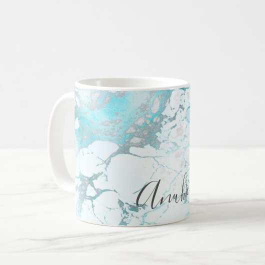 PixDezines WHITE MARBLE+IRIDESCENT TURQUOISE VEINS Kaffeetasse (Vorderseite Links)