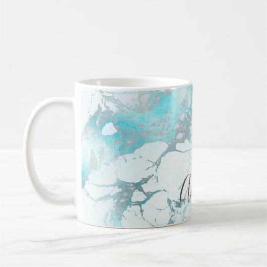PixDezines WHITE MARBLE+IRIDESCENT TURQUOISE VEINS Kaffeetasse (Links)