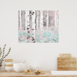 PixDezines Winter-Birkenwald Blaue Farne Bett Poster