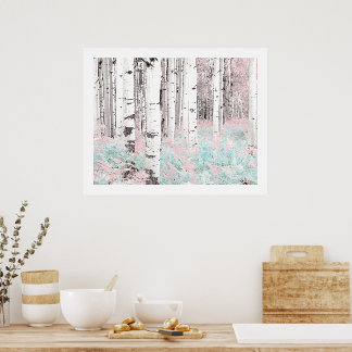 PixDezines Winter-Birkenwald Blaue Farne Bett Poster