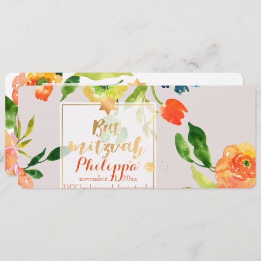 PixDezinesWasserfarbe/Blüte/Bat Mitzvah Einladung (Vorne/Hinten)