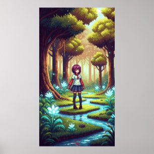 Pixel animierte Girl in einem dichten Wald Poster