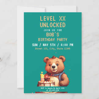Pixel Aquamarin & braun Bärengestalt Gamer Geburts Einladung