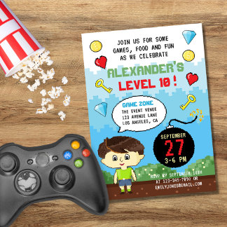 Pixel-Arcade-Game-Level-Up-Kindergeburtstag Einladung