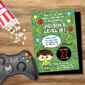 Pixel-Arcade-Game-Level-Up-Kindergeburtstag Einladung