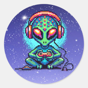Pixel Art Alien bei Videospielen Runder Aufkleber