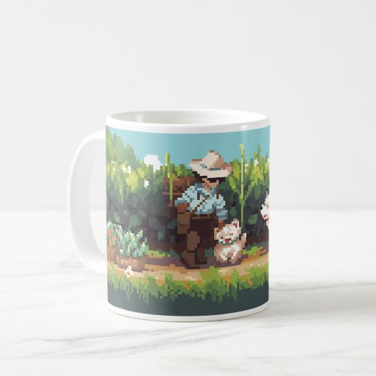 Pixel Art Bauer zeigt die Pflanze an Kaffeetasse (Vorderseite Links)