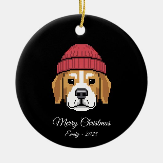 Pixel Art Beagle Dog Winter Hat Keramik Ornament (Vorne)