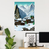 Pixel Art, Bergdorf im Schnee | Art der AI Poster (Heimbüro)