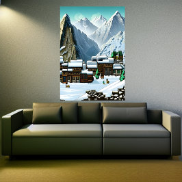 Pixel Art, Bergdorf im Schnee | Art der AI Poster