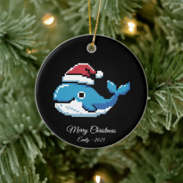 Pixel-Art Blauwal Santa Hut Keramik Ornament