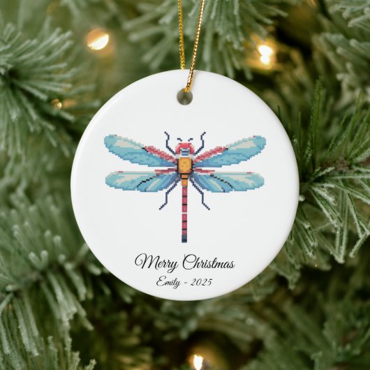 Pixel Art Blue Dragonfly Insect Art Christmas Gift Keramik Ornament (Baum)