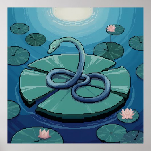 Pixel Art Blue Schlange auf Lily Pad Poster (Vorne)