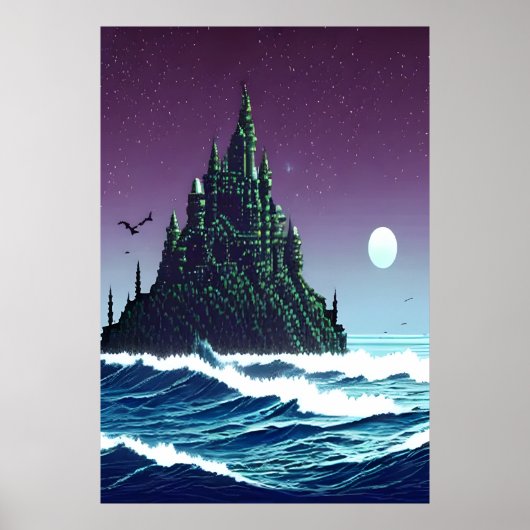 Pixel Art, Castle on Rock im Meer | Art der AI Poster (Vorne)