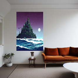 Pixel Art, Castle on Rock im Meer | Art der AI Poster